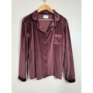 Born Burgundy Velvet Velour Button Up Pajama Top Satin Cuff Collar Women's Sz XL